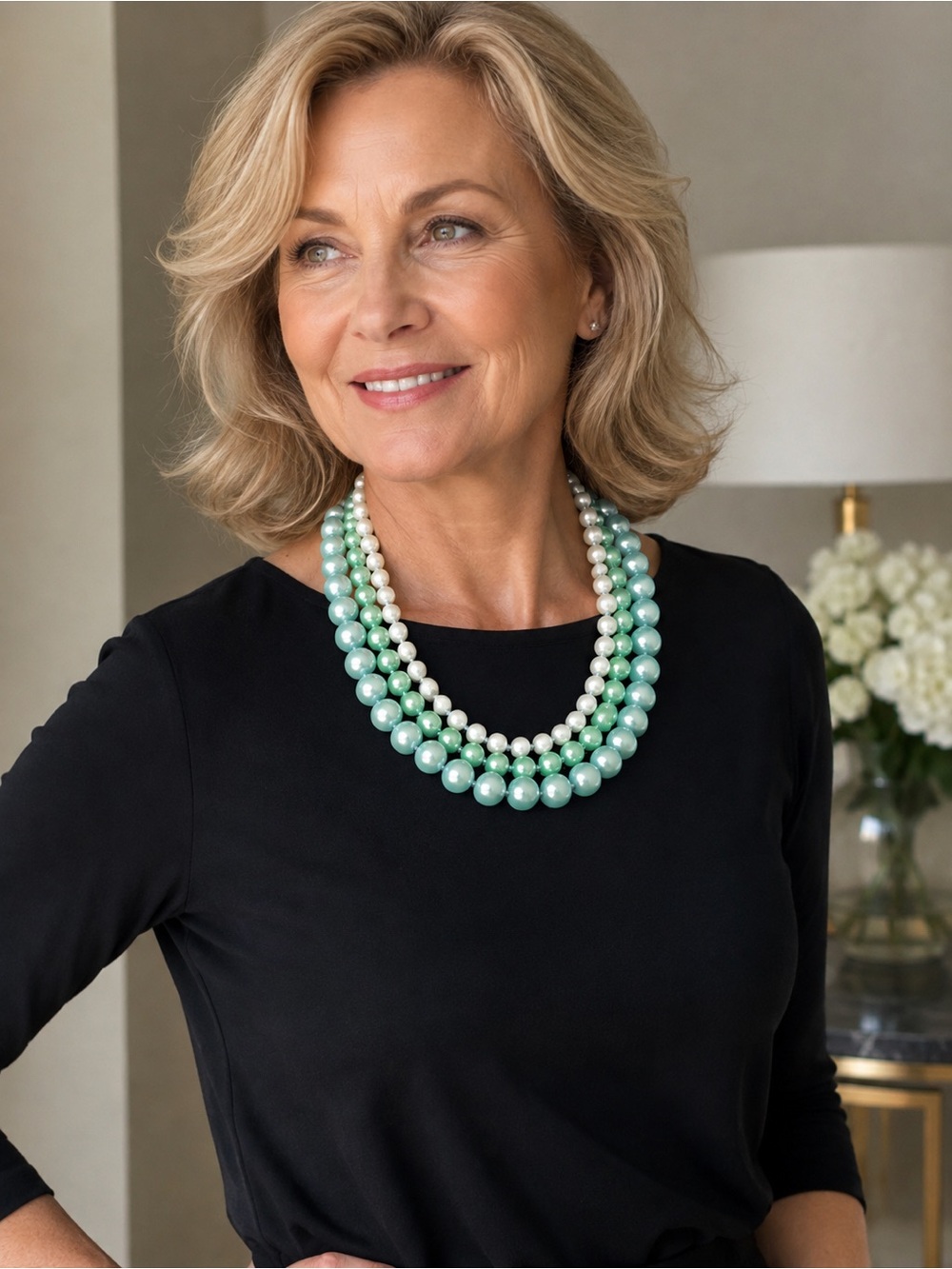 Source Unknown Mint Green and White Multi-Strand Pearl Necklace